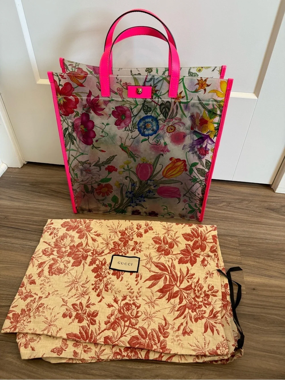Gucci Floral Clear Tote with Hot Pink Trim